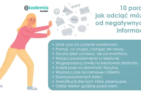 Kobieta walczy z natłokiem negatywnych informacji, próbując przerwać doomscrolling. Porady jak odciąć mózg od złych newsów.