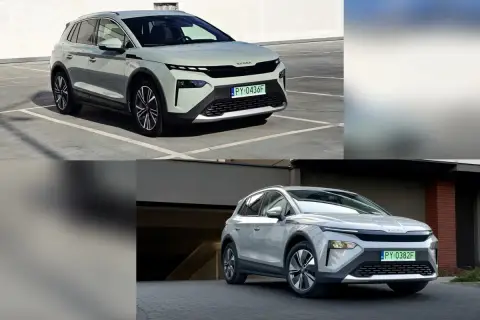 Dwa modele Skoda Elroq w różnych kolorach, jeden jasnoszary na parkingu, drugi srebrny przed budynkiem.