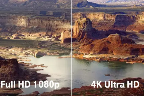 Vergleich: Was ist besser HD oder 4K? Die rechte Seite zeigt eine atemberaubende 4K-Auflösung mit lebendigen Farben und Details, während die linke Seite die Full HD-Version darstellt.