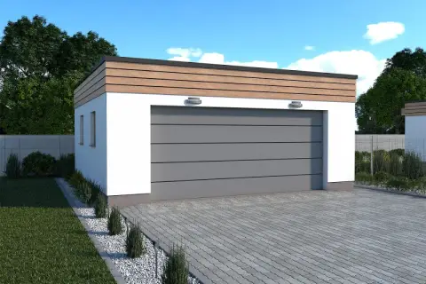 Nowoczesna budowa garażu murowanego z szarą bramą segmentową i drewnianą elewacją.