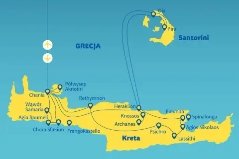 Mapa Grecji z zaznaczoną Kretą i Santorini. Trasy lotnicze łączą Kretę z Santorini, idealne na wycieczkę z krety na santorini.