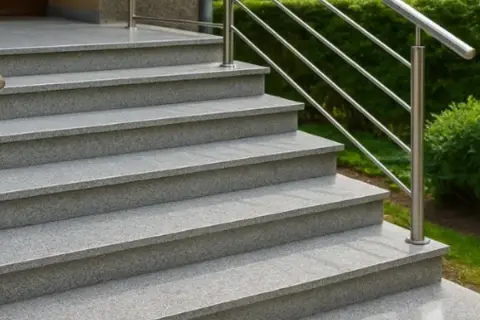 Eleganckie schody z płytek granitowych, z metalową poręczą, prowadzące do wejścia.