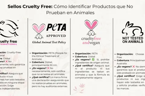 Sellos Cruelty Free: Conoce las marcas que no prueban en animales. Incluye logos de Cruelty Free International, PETA, Crueltyfree andvegan y Not Tested on Animals.