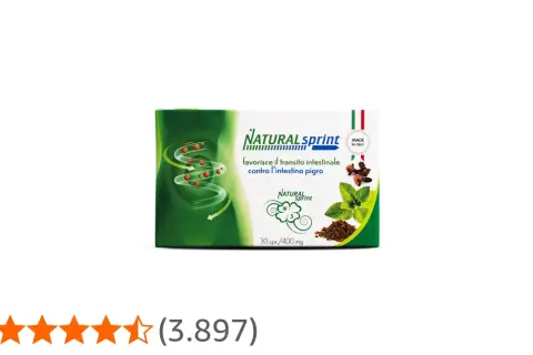 Scatola Natural Sprint, che favorisce il transito intestinale. Immagine di un intestino stilizzato con capsule e ingredienti naturali.