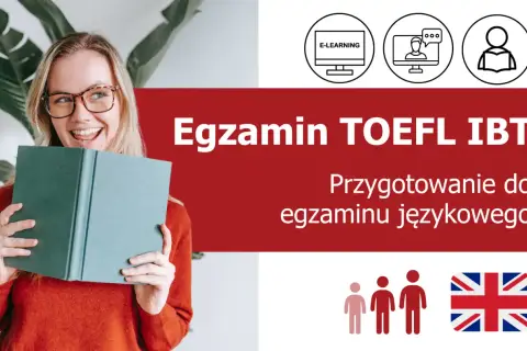 Uśmiechnięta dziewczyna z książką, przygotowująca się do egzaminu TOEFL iBT. Ikony symbolizują e-learning i naukę.