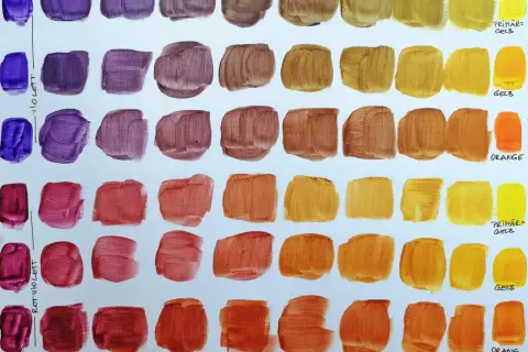 Farbstudie: Lila und Gelb mischen sich zu warmen Erdtönen und leuchtenden Orangetönen.