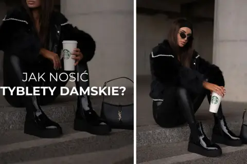 Elegancka kobieta w czarnym futrze i skórzanych legginsach pokazuje, jak nosić sztyblety damskie. Stylizacja z torebką i kawą.