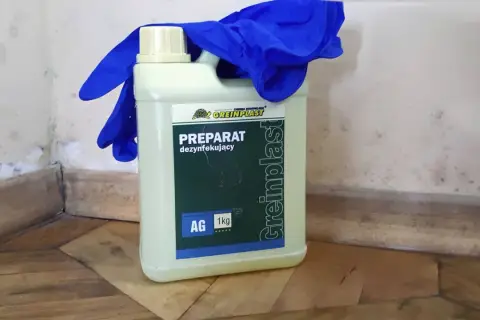 Preparat na grzyba na ścianie, wraz z niebieskimi rękawicami ochronnymi, gotowy do walki z pleśnią w rogu pomieszczenia.