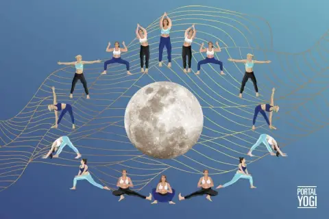 Cykl pozycji jogi chandra namaskar wokół księżyca, symbolizujący harmonię i spokój.