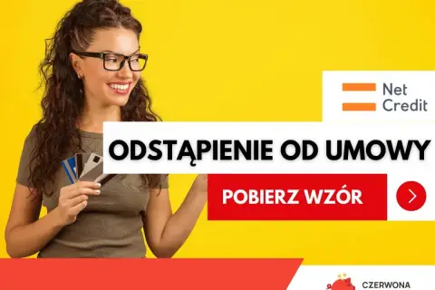 Uśmiechnięta kobieta z kartami, tekst "Odstąpienie od umowy Netcredit". Pobierz wzór.