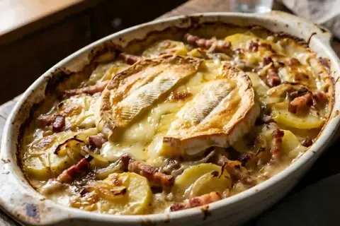 Plat gratiné de pommes de terre, lardons et reblochon fondant, prêt à déguster. Une délicieuse recette tartiflette qui réchauffe le cœur.