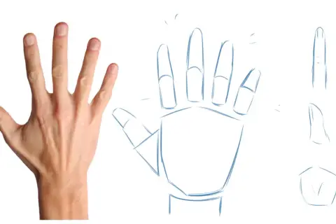 Realistyczna dłoń obok szkicu wykonanego **freehand**. Obok szkice palców i dłoni z różnych perspektyw.
