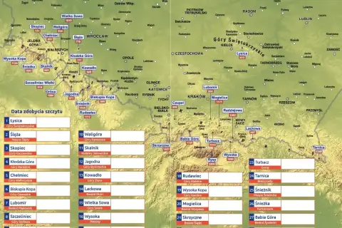 Mapa Polski z zaznaczonymi szczytami, w tym korona gór polskich.