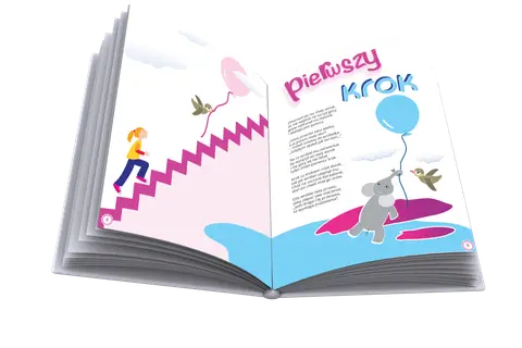 Otwarta książka z ilustracją dziewczynki wchodzącej po schodach i słonika z balonikiem. Wiersz "Pierwszy krok" wprowadza w świat dziecięcej wyobraźni.