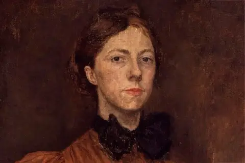 A portrait by Gwen John, featuring a woman with auburn hair pulled back, wearing a dark ruffled collar and an orange dress.