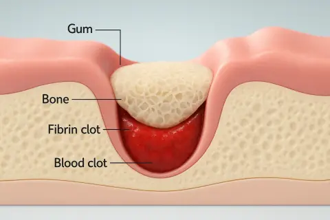 Sezione della gengiva dopo estrazione dente: coagulo di sangue e fibrina nel cavo osseo.