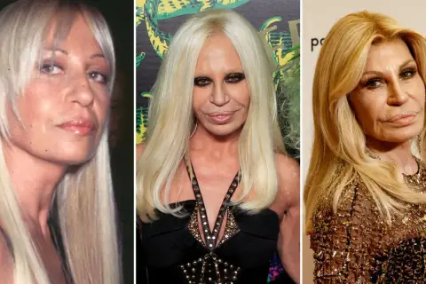 Donatella Versace joven y en diferentes etapas de su vida, mostrando su icónica melena rubia y su evolución de estilo.