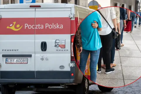 Klienci stoją w kolejce do samochodu Poczty Polskiej. Czy pocztex zostawia awizo?