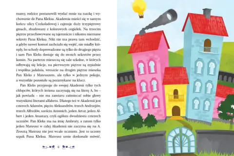Kto jest autorem książki Akademia Pana Kleksa? To Jan Brzechwa. Ilustracja przedstawia kolorowe kamienice i balon.