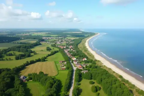 Dojazd PKP do Dąbków to malownicza podróż przez zielone pola i lasy, kończąca się widokiem na piaszczystą plażę i morze.