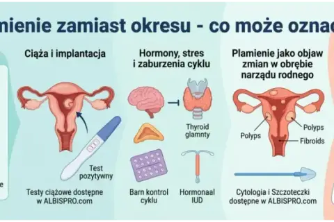 Plamienie zamiast okresu może oznaczać ciążę, zaburzenia hormonalne, polipy lub inne zmiany. Warto skonsultować się z lekarzem.