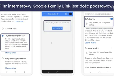 Jak odblokować strony dla dorosłych w Google? Family Link oferuje opcję "Spróbuj blokować strony dla dorosłych", ale nie jest to idealne rozwiązanie.