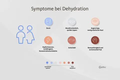 Symptome bei Dehydration: Durst, trockener Mund, Kopfschmerzen, Schwindel, Augenringe, Konzentrationsschwäche. Hautelastizität nimmt ab.