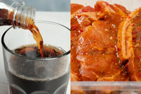 Marynowanie wieprzowiny w coli: prawda czy kulinarny mit? Cola w szklance i kawałki wieprzowiny w marynacie.