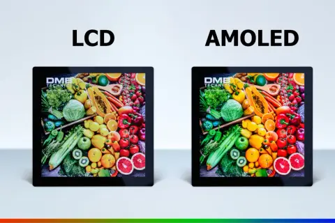 Vergleich von LCD und AMOLED Displays mit lebendigen Obst- und Gemüsemotiven. AMOLED zeigt kräftigere Farben.