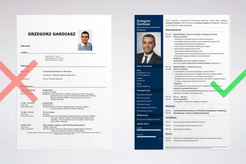 Zdjęcie przedstawia fragment CV z zaznaczonymi na czerwono błędami i zielonym zaznaczeniem poprawnych elementów.