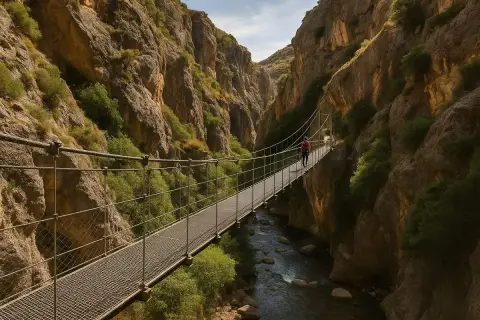 Una persona camina por un puente colgante en la ruta de los Cahorros, un cañón con un río y vegetación exuberante.