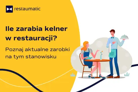 Ilustracja kelnera podającego danie klientce w restauracji.