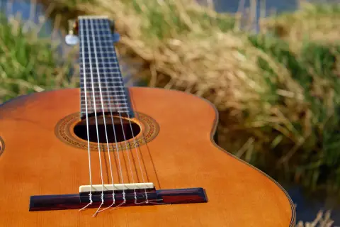 Klasyczna gitara z nylonowymi strunami na tle trawy. Zastanawiasz się, ile kosztują struny do gitary?
