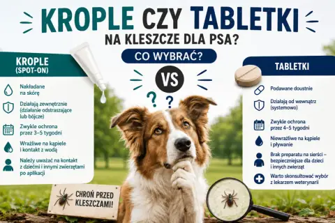 Co najlepsze na kleszcze dla psa? Porównanie kropli i tabletek. Piesek zastanawia się nad wyborem ochrony.