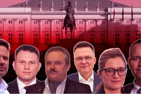 Sześciu polityków na tle Pałacu Prezydenckiego. Czy to oni są odpowiedzią na pytanie, dlaczego w sondażach aż 60 procent Polaków chce prezydenta niezależnego od partii?