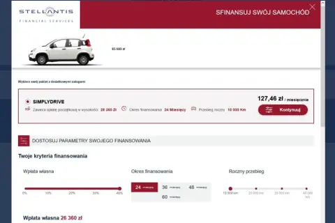 Strona z ofertą finansowania samochodu Fiat. Widoczny biały Fiat Panda, cena 65 900 zł, miesięczna rata 127,46 zł. Możliwość dostosowania parametrów finansowania.