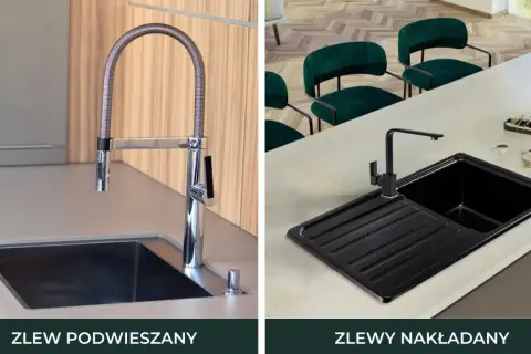 Nowoczesny zlew podwieszany w blacie laminowanym, obok czarny zlew nakładany.