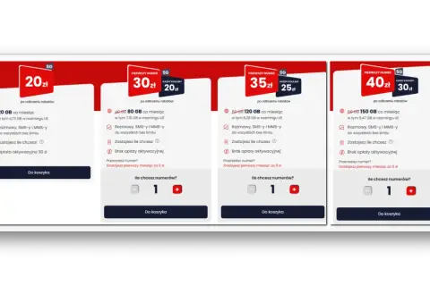 Oferty na kartę: 20 GB za 20 zł, 80 GB za 30 zł, 120 GB za 35 zł, 150 GB za 40 zł. Przenieś numer i graj 500 zł!