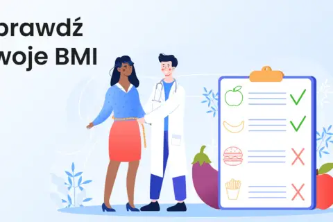 Lekarz mierzy obwód talii pacjentki, by pomóc jej dowiedzieć się, jak obliczyć BMI. Na tablicy lista zdrowej żywności.