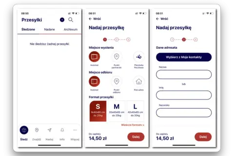 Aplikacja Pocztex: wybierz miejsce wysłania, odbioru i format paczki, by nadać przesyłkę.