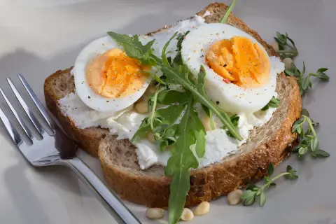 Tartine avec œuf dur conservation température ambiante, fromage frais, roquette et herbes. Une fourchette est à côté.