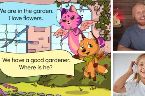 Dibujo animado de gatitos en un jardín, ideal para clases extraescolares en inglés. Un hombre saluda y una niña escucha música.