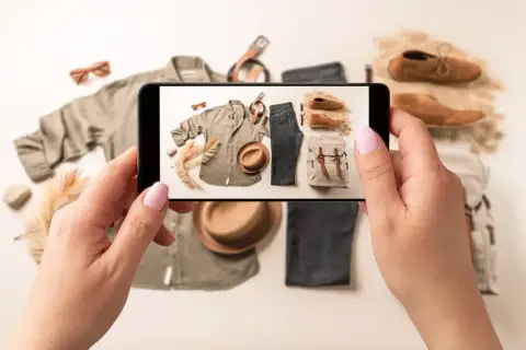 Robię zdjęcie męskiej stylizacji na Vinted. Zastanawiam się, ile można zarobić na Vinted bez podatku, sprzedając ubrania i dodatki.