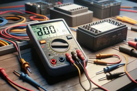 Multimetr i kable na drewnianym stole. Jak obliczyć bezpiecznik? Narzędzia do pomiarów elektrycznych.