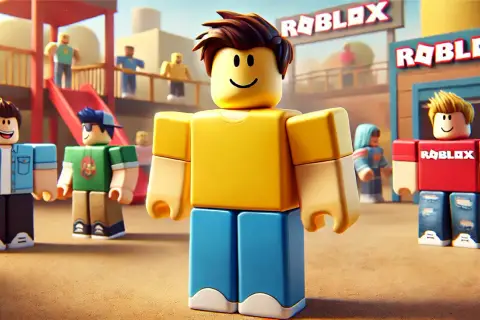 Postacie z Roblox na placu zabaw. Jeden z nich, żółty noob, stoi na pierwszym planie.