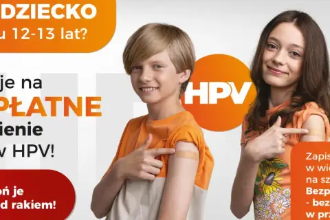 Dzieci po szczepieniu przeciw HPV, z plastrem na ramieniu. Kampania informuje o bezpłatnym szczepieniu, chroniącym przed rakiem.