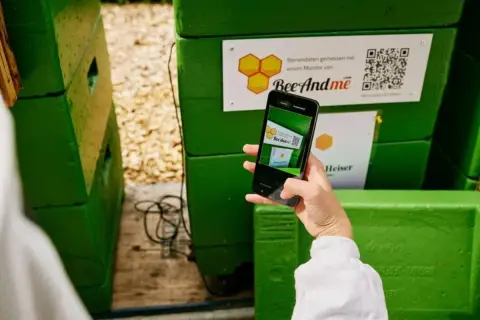 Skanowanie kodu QR na ulu BeeAndMe. Smartfon w dłoni pokazuje ekran z tym samym kodem, gotowy do odczytu danych.