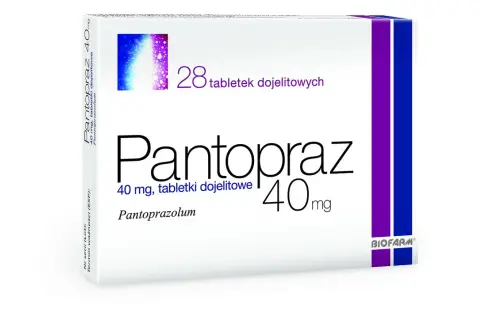 Opakowanie leku Pantopraz 40 mg, zawierające 28 tabletek dojelitowych. Producent: BIOFARM.