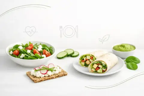 Zdrowa kolacja: dietetyczna tortilla z warzywami, sałatka i pasta z awokado. Idealny posiłek dla dbających o linię.