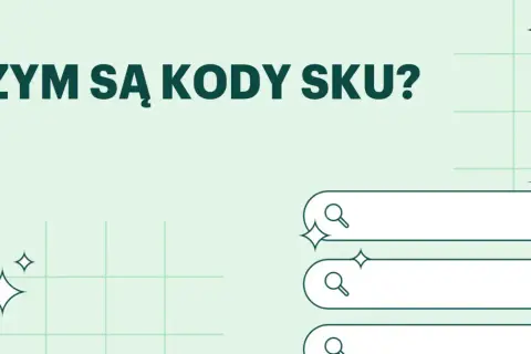 Czym są kody SKU? Grafika przedstawia pytanie o kody SKU, z ikonami wyszukiwania i błyszczącymi elementami.